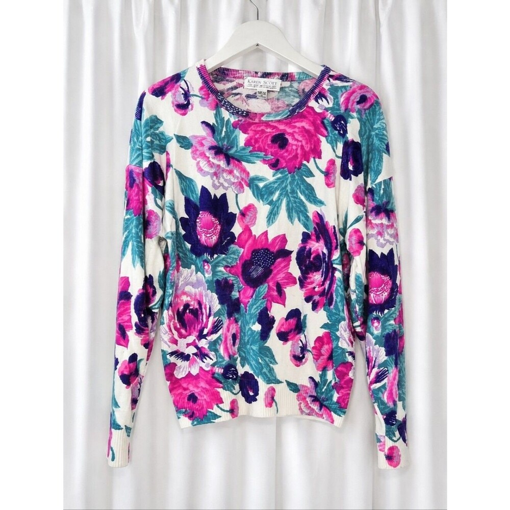 Vintage Karen Scott Bold Oversized Floral Print Long Sleeve Retro Knit Sweater